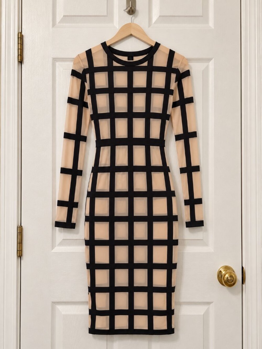 Femme Los Angeles Beige Windowpane Bodycon Dress M NWT